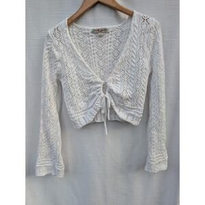 Francesca's Erin Keyhole Crochet Cropped Sweater Womens Sz L Ivory Love Change